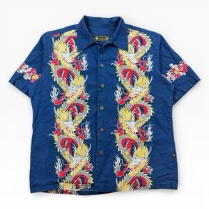 Vintage 90s H-Five-O Shirt Men Large Blue Dragon Button Up Aloha Camp Collar Y2K